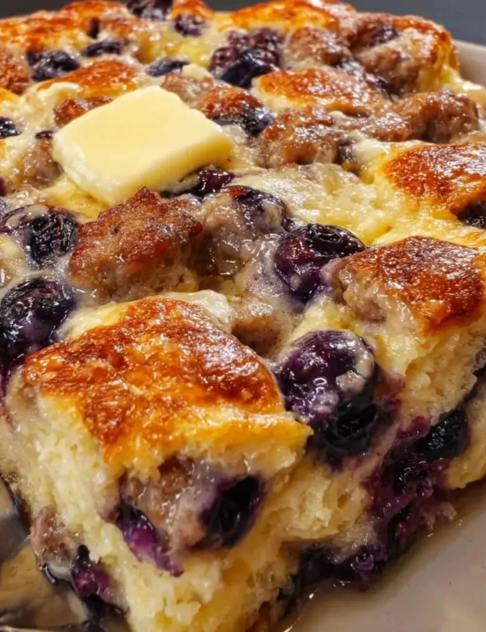 Blueberry sausage pancake casserole topped with syrup and blueberries.