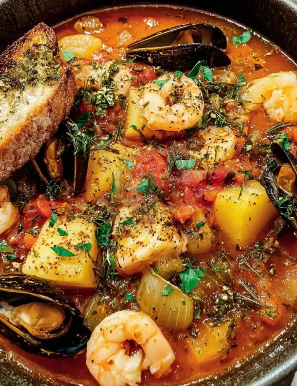 Delicious Bouillabaisse, a traditional French seafood stew with fish and herbs.
