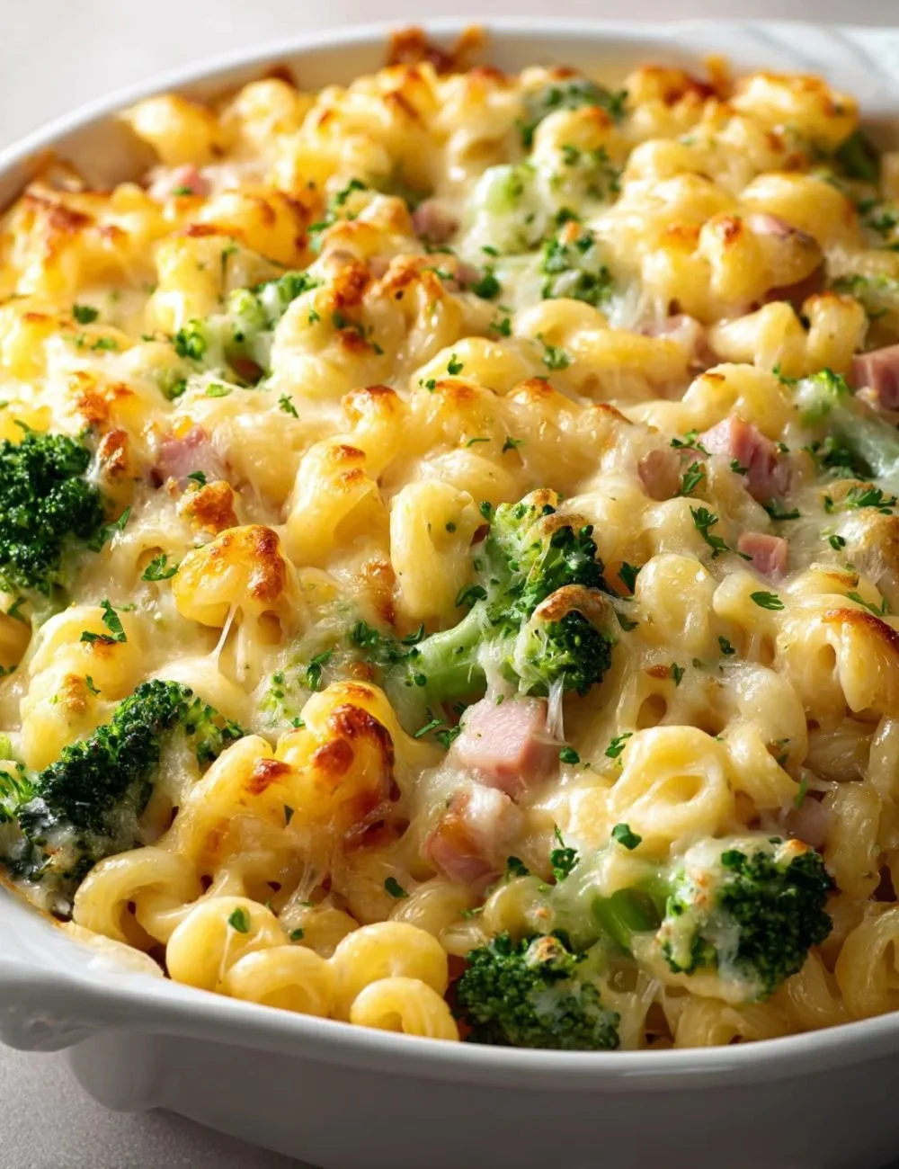 A hearty Broccoli Cheddar Beef Ham Pasta Casserole garnished and ready to serve.