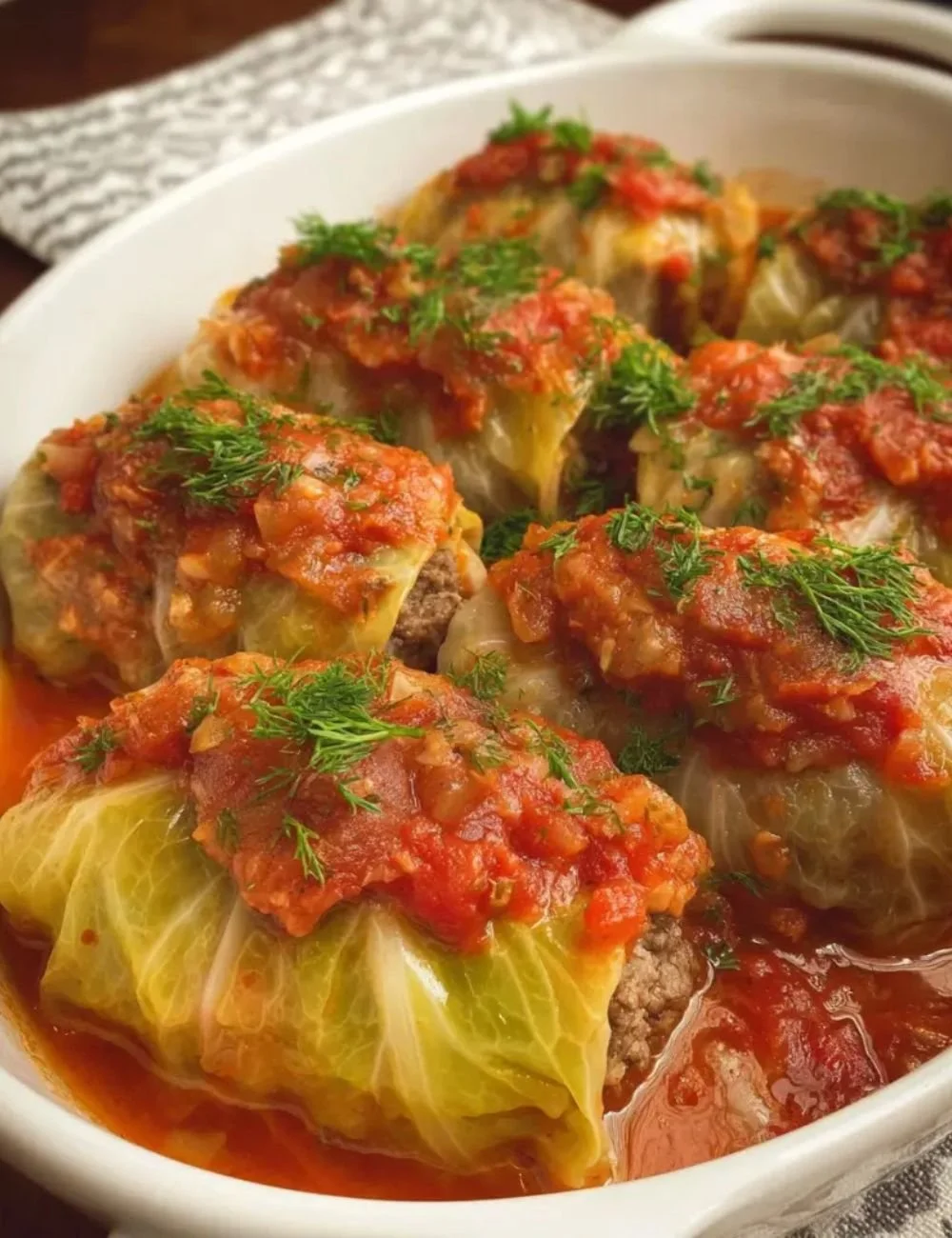 Cabbage rolls stuffed with ground beef and topped with marinara sauce