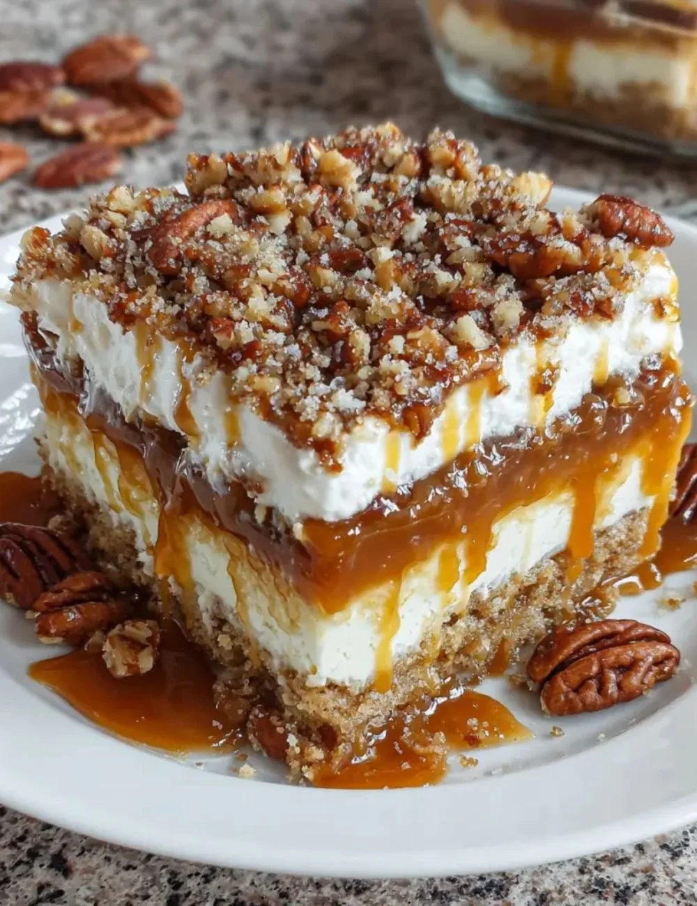 Delicious caramel pecan lasagna squares dessert with layers and toppings