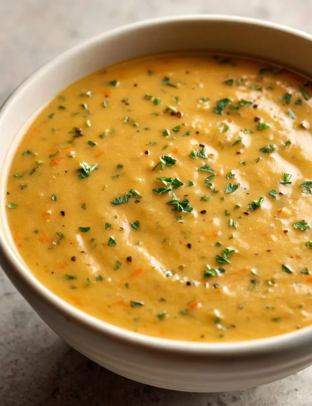 Bowl of delicious Carrot and Celery Soup garnished with herbs