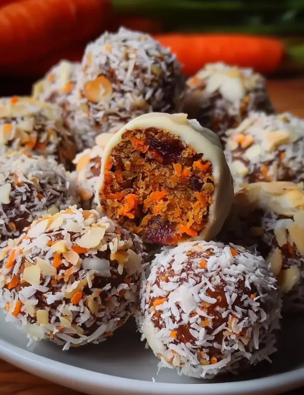 Delicious Carrot Date Coconut Truffles on a plate