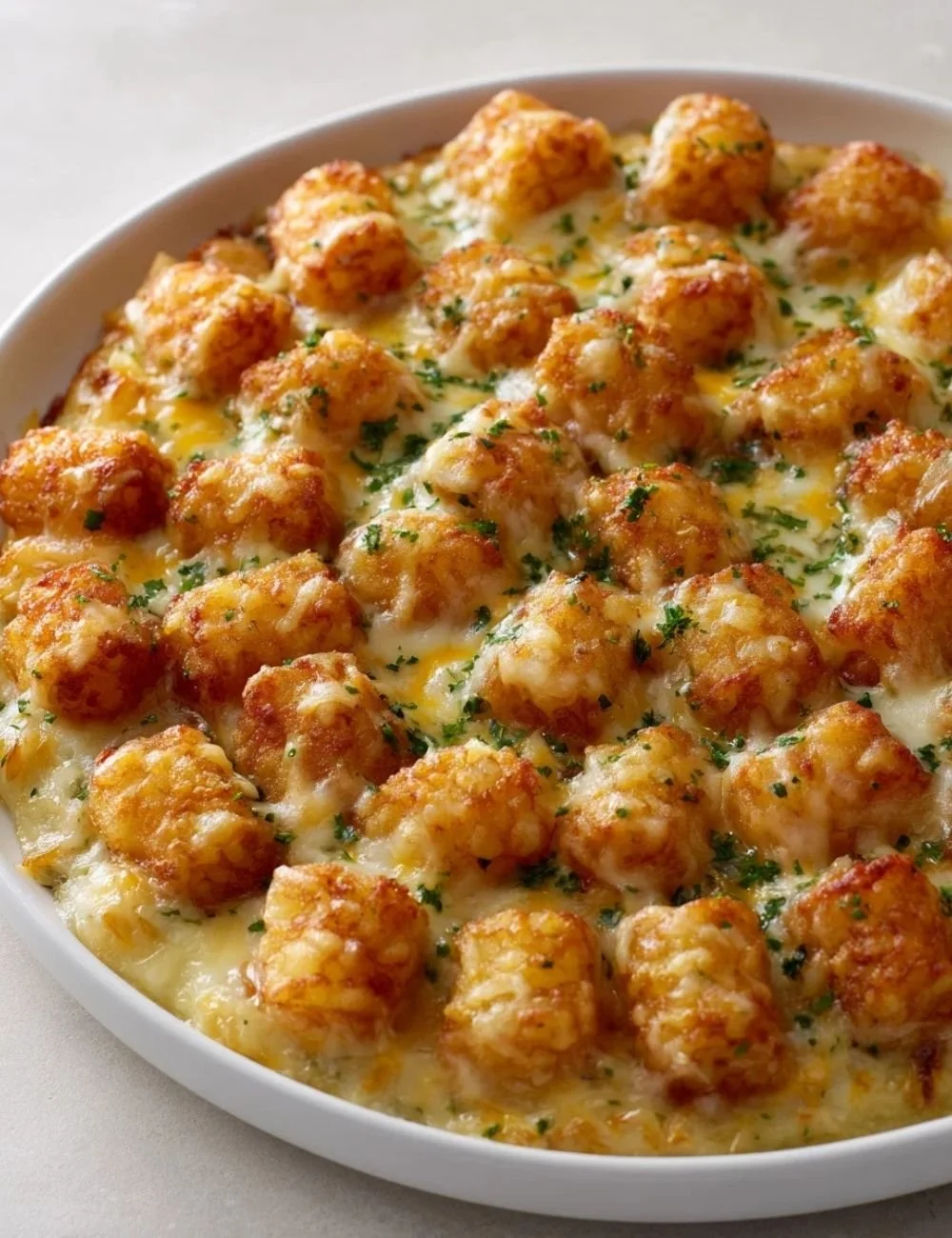 Cheddar Ranch Chicken Tater Tot Bake served in a baking dish with a golden topping