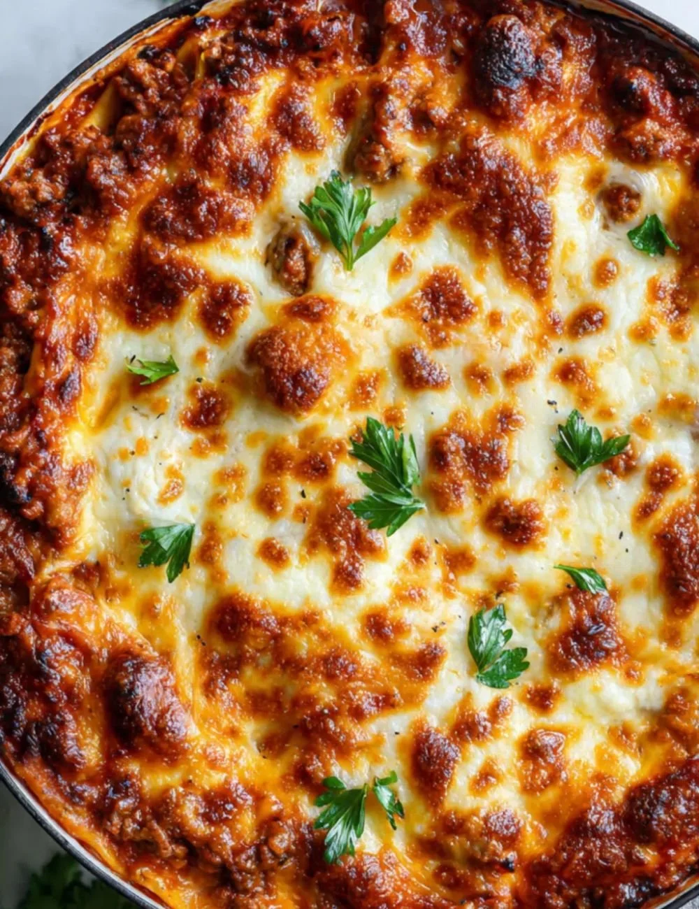 Cheesy beef lasagna with layers of pasta, beef, cheese, and marinara sauce