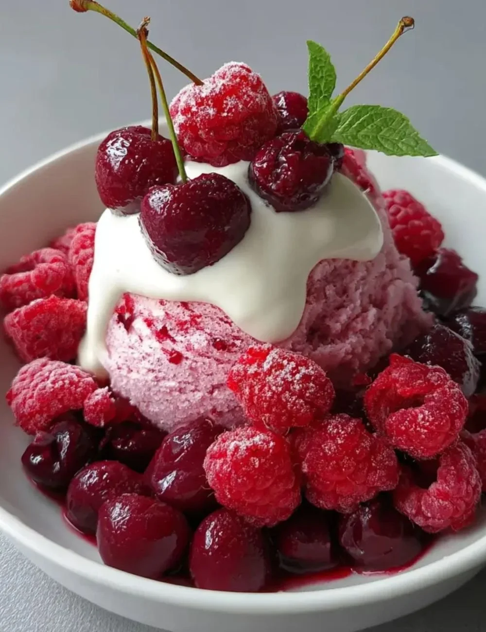 Cherry Raspberry Semifreddo dessert served in a bowl with fresh berries