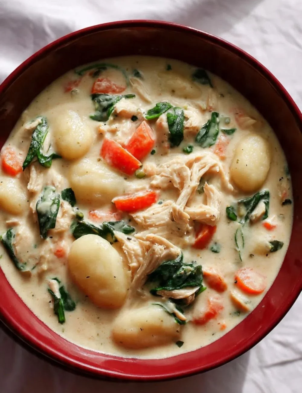 Bowl of creamy Chicken Gnocchi Soup garnished with herbs.
