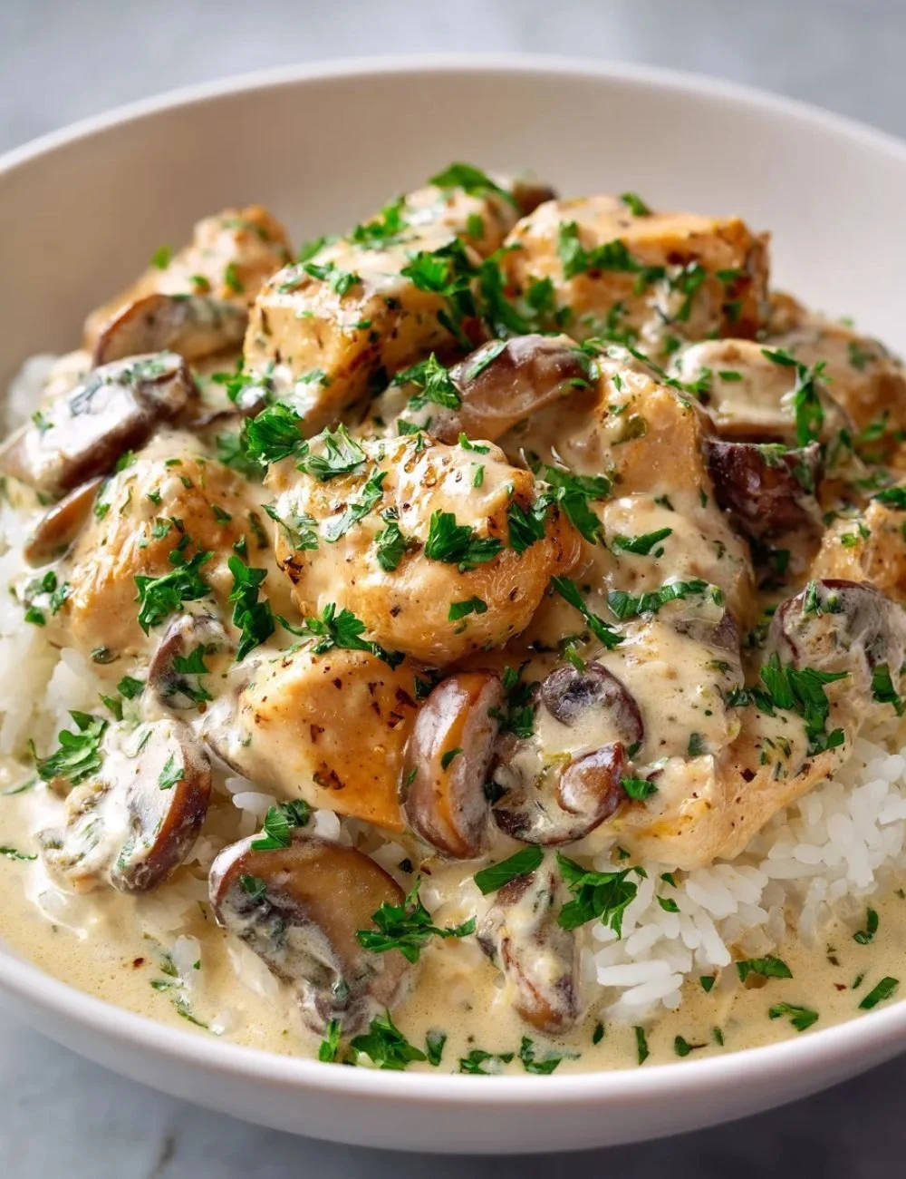 Delicious Chicken Stroganoff served in a bowl with fresh herbs