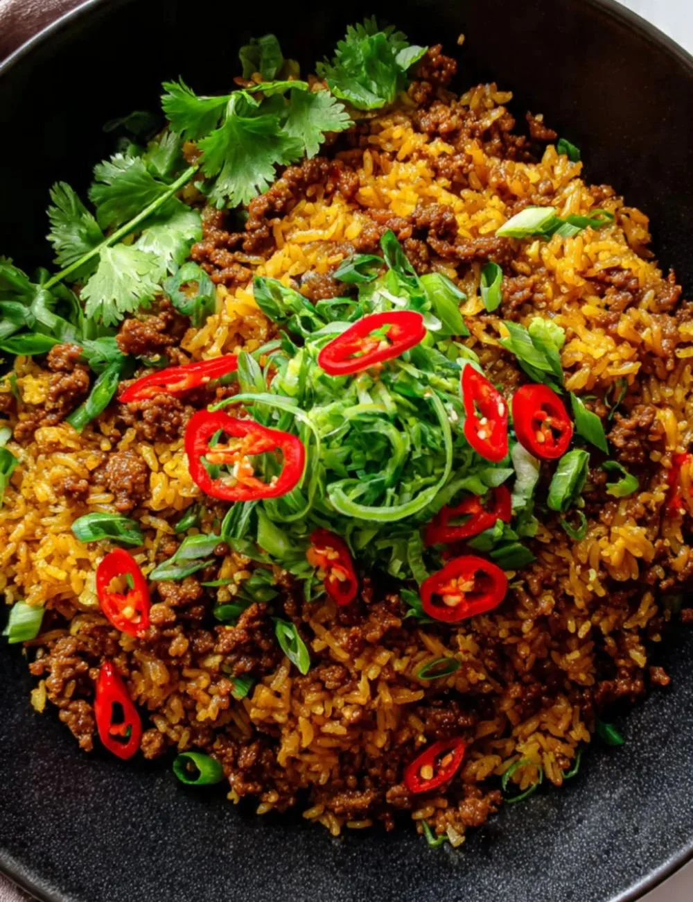 Delicious bowl of Chili Beef Fried Rice garnished with fresh herbs