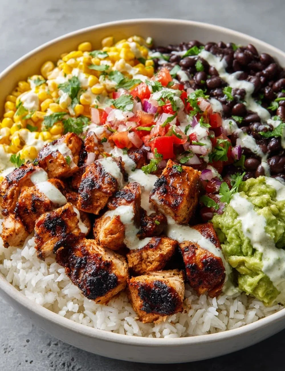 A colorful and delicious Chipotle Chicken Bowl with fresh toppings.