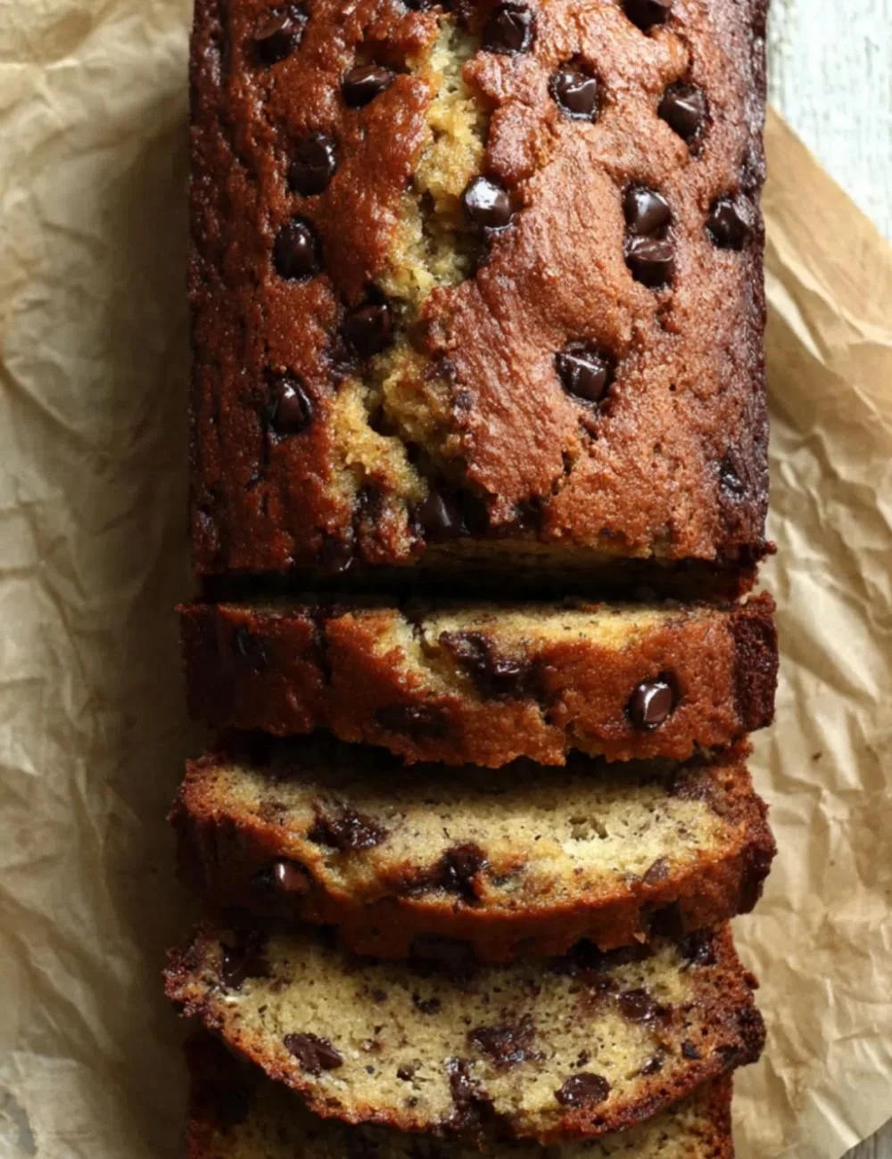 Delicious slice of chocolate chip cookie banana bread on a wooden board.