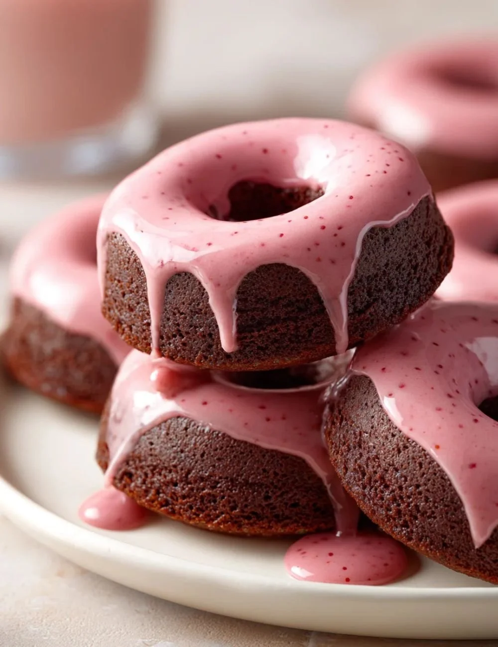 Chocolate donuts with strawberry glaze on a plate