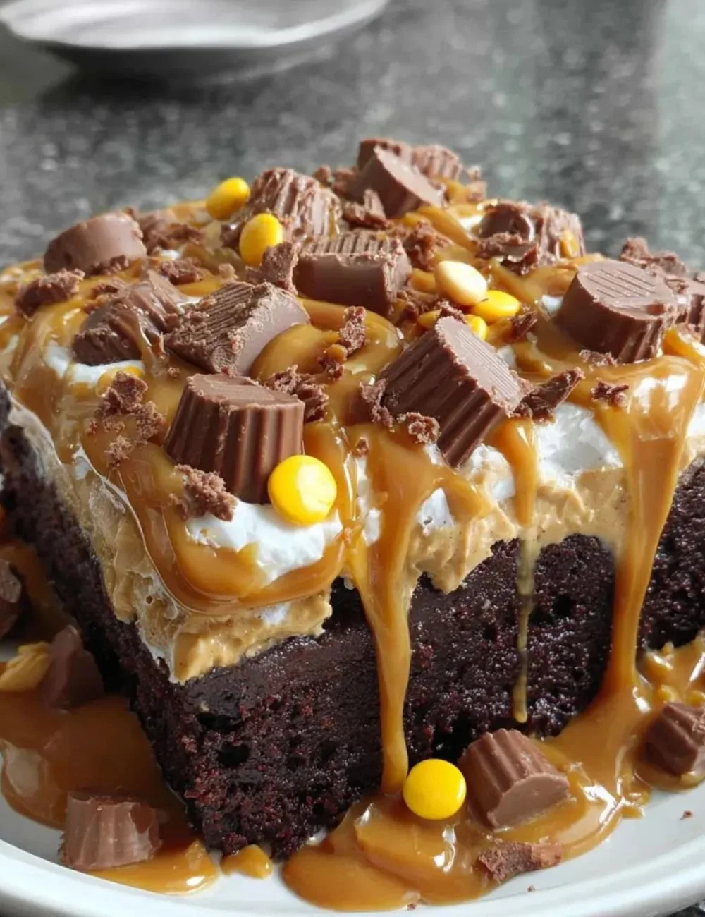 Delicious Chocolate Peanut Butter Poke Cake with creamy toppings