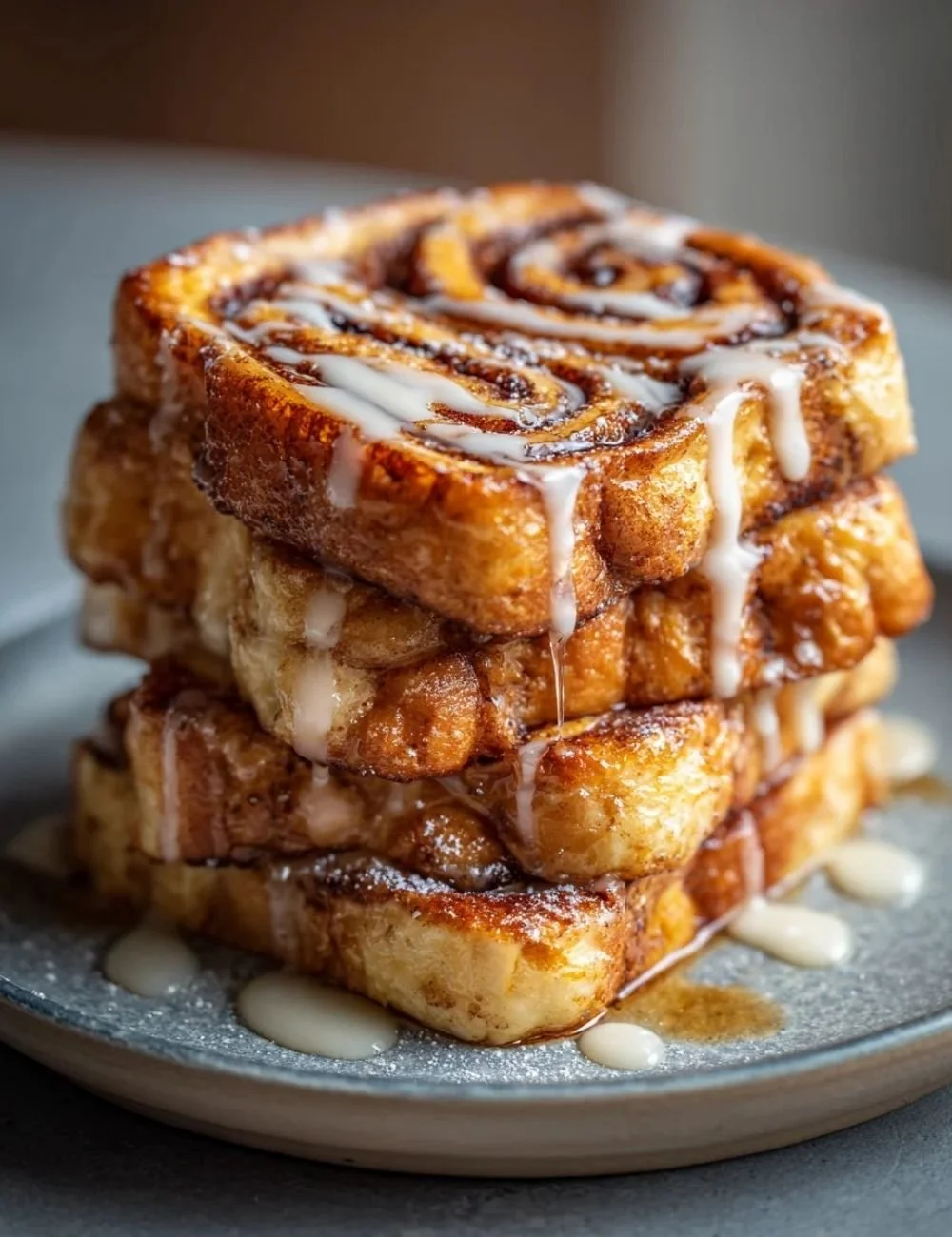 Delicious cinnamon roll French toast served on a plate with syrup and powdered sugar.
