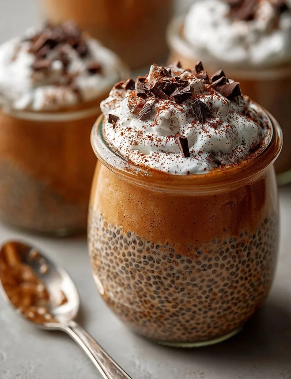 Delicious and creamy Coffee Chia Pudding topped with cocoa and nuts