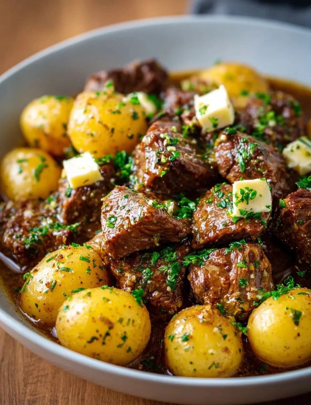 Delicious Cooker Garlic Butter Beef with Potatoes served on a plate