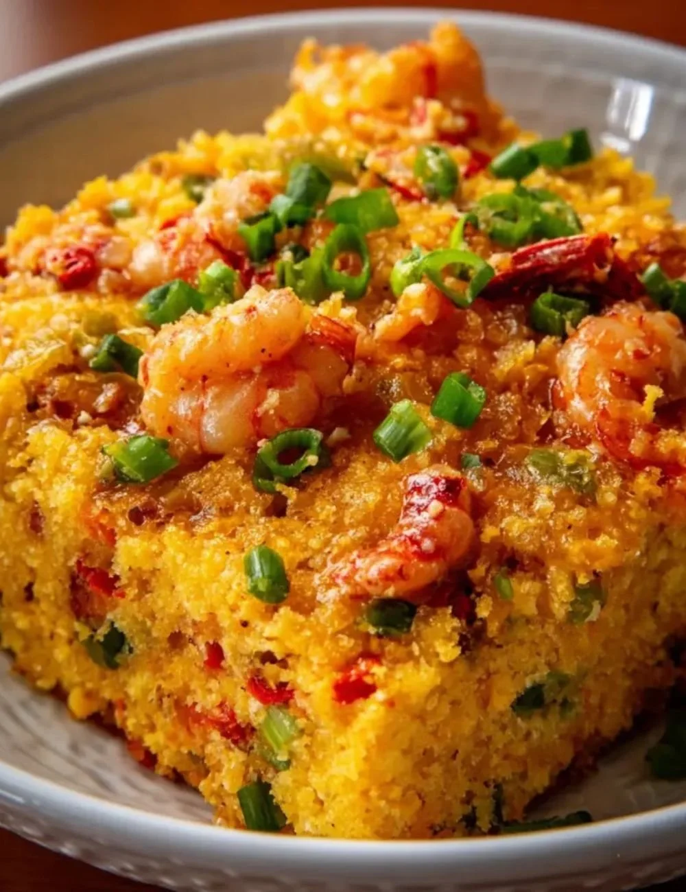 Delicious homemade crawfish cornbread topped with herbs and spices