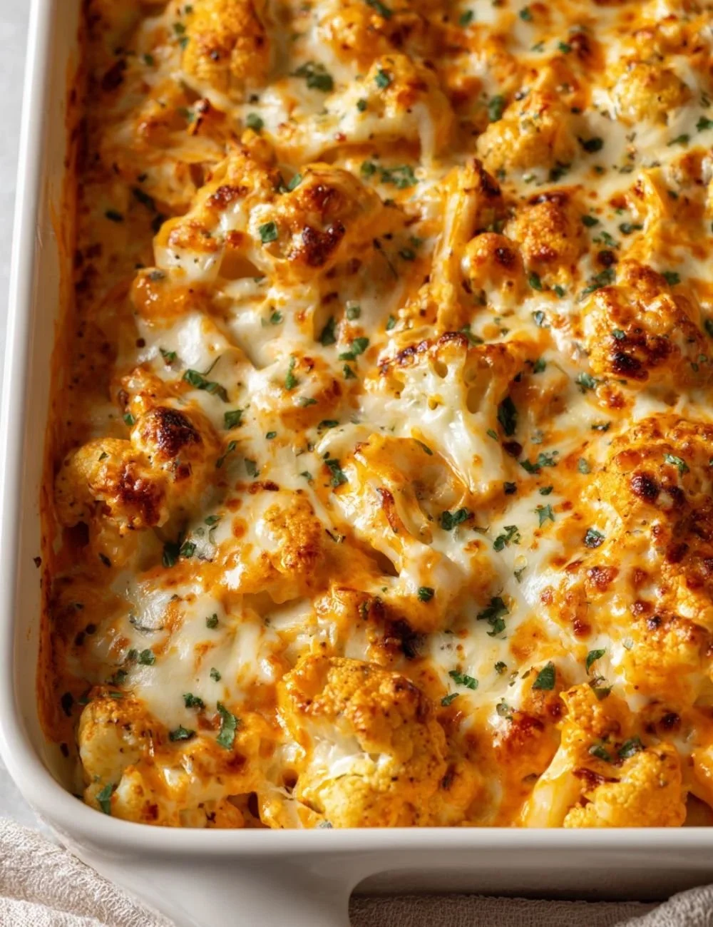 Creamy Buffalo Chicken Cauliflower Casserole ready to serve
