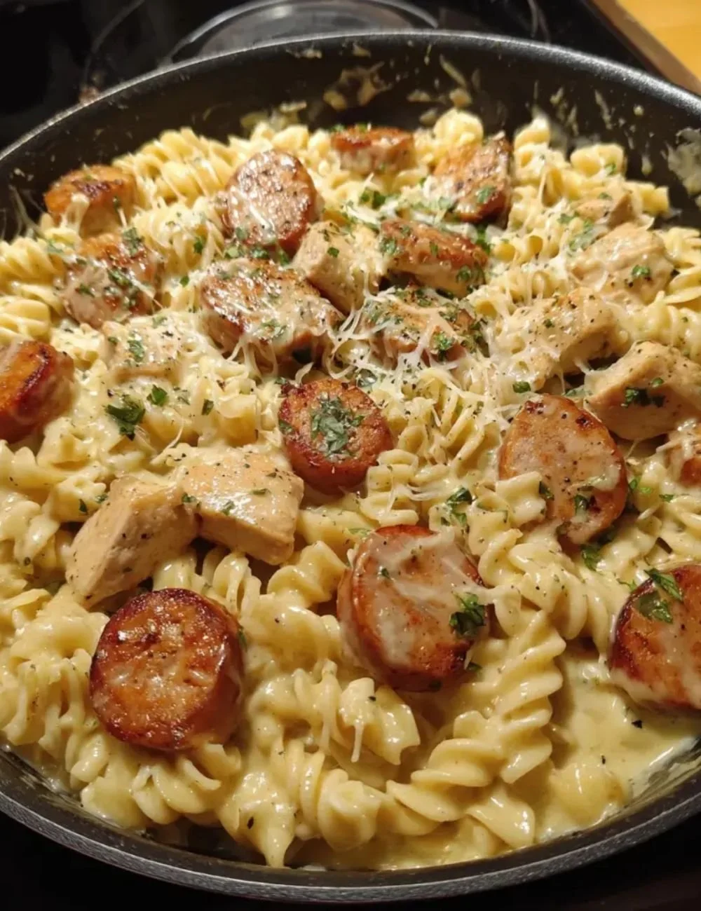 Creamy Pepper Jack Chicken and Sausage Pasta on a plate garnished with herbs.