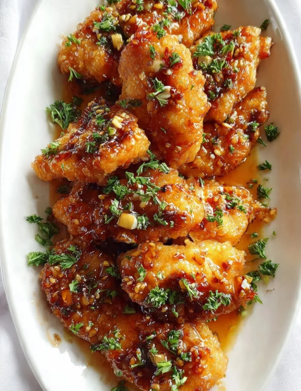 Crispy honey garlic chicken garnished with sesame seeds and green onions