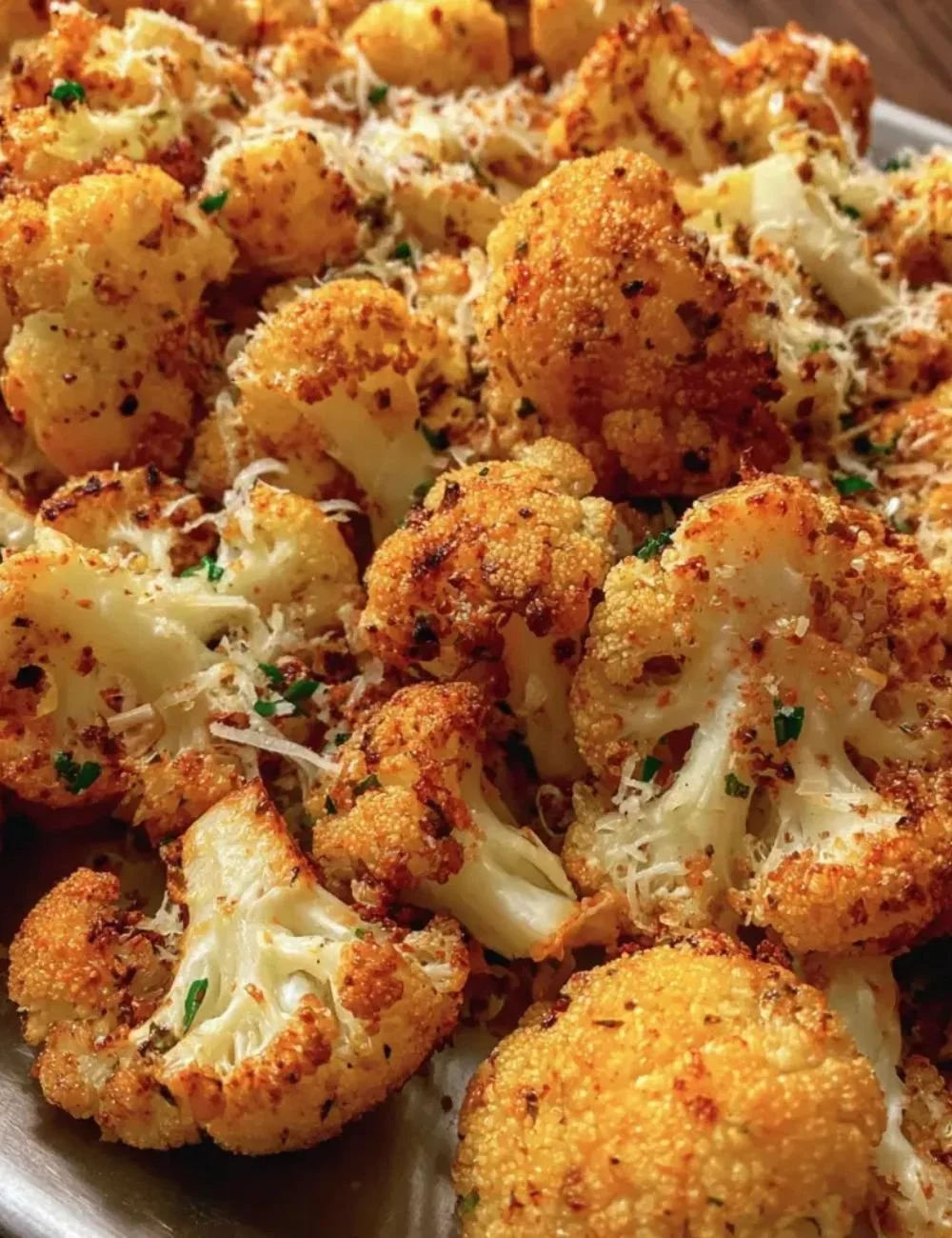 Crispy roasted cauliflower cheddar dish garnished with herbs