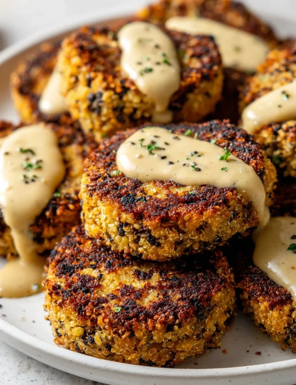 Crispy tahini black bean fritters on a plate garnished with herbs