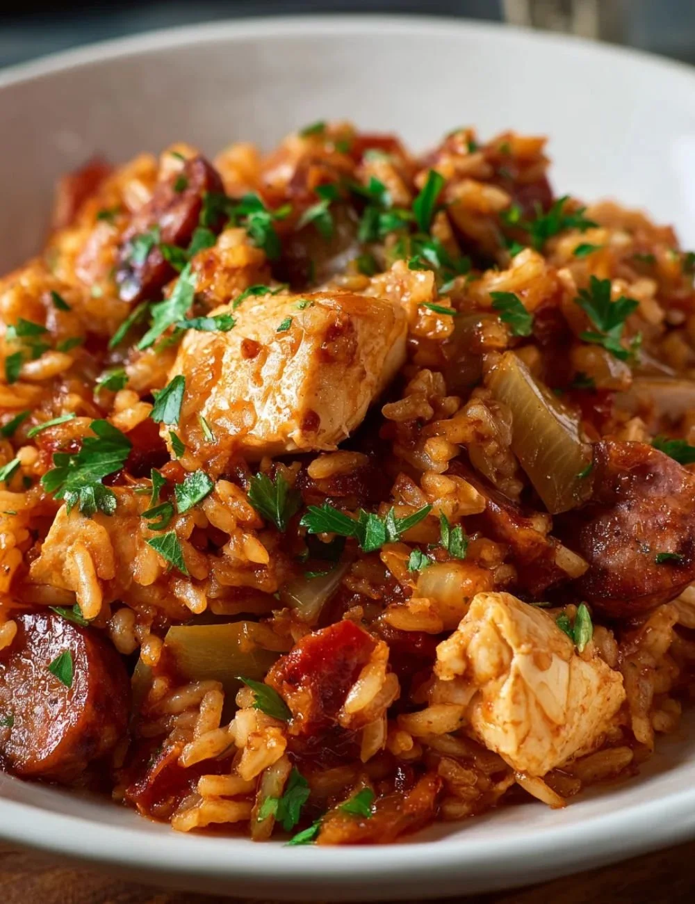 Bowl of delicious beef jambalaya garnished with green onions.
