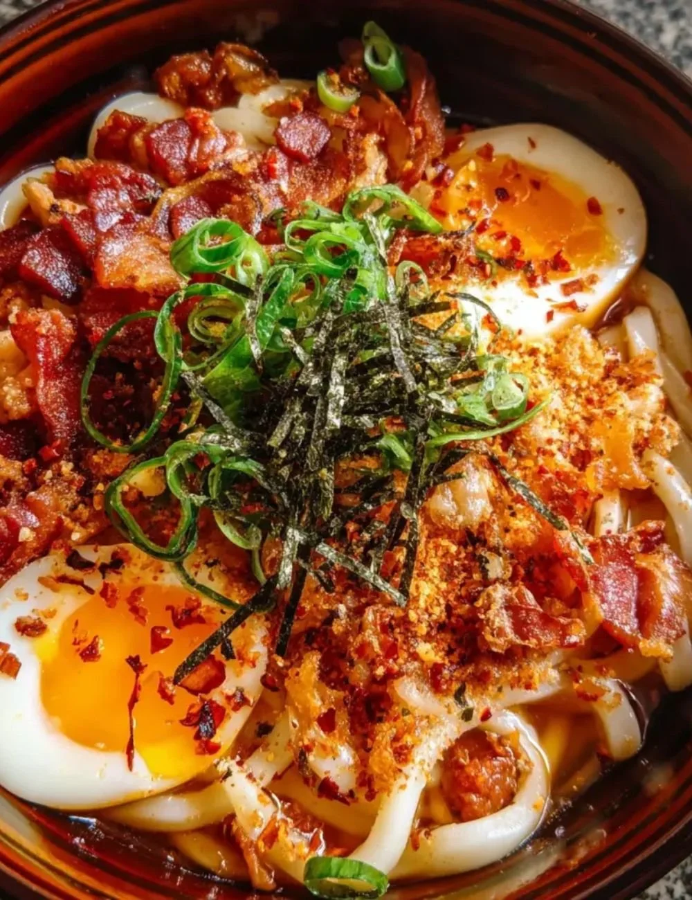 Delicious Egg and Bacon Breakfast Udon served in a bowl