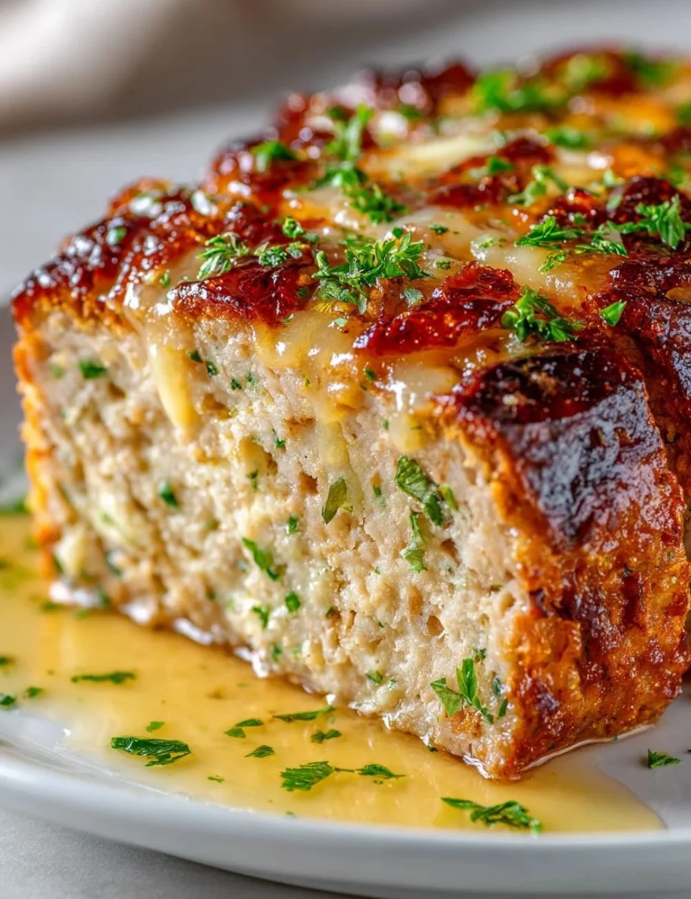 Delicious Garlic Parmesan Chicken Meatloaf garnished with herbs