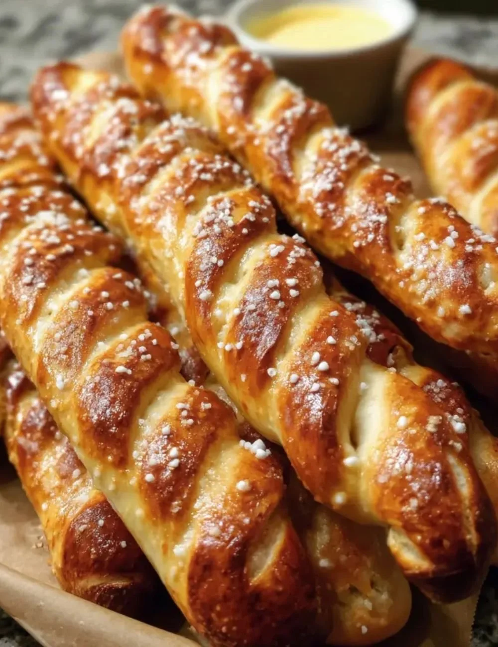 Freshly baked German soft pretzel sticks served with mustard