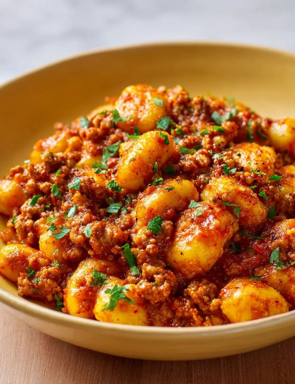 Plate of gluten-free ground turkey and cauliflower gnocchi with fresh herbs.