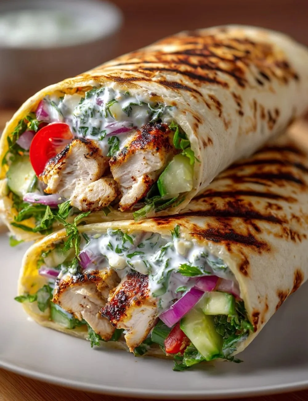 Greek Chicken Gyros served with creamy Tzatziki sauce
