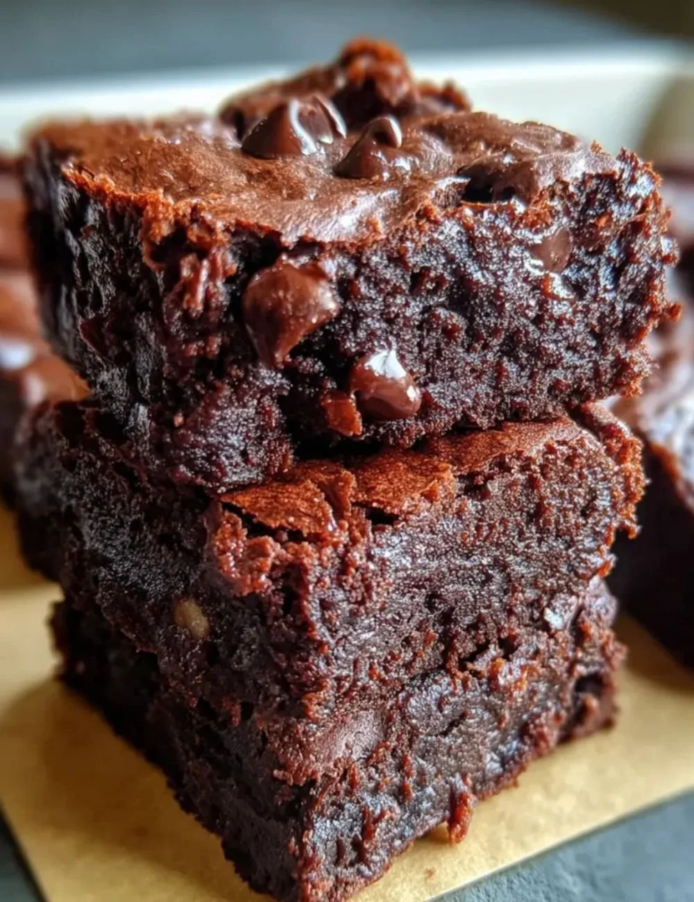 Delicious homemade Greek Yogurt Brownies on a plate topped with chocolate drizzle.