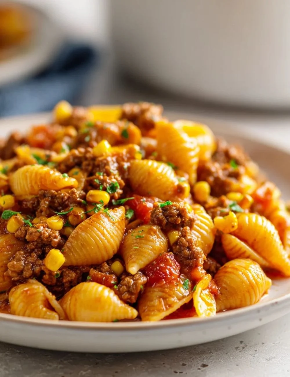 Hearty crockpot taco pasta served in a bowl, topped with cheese and fresh herbs.