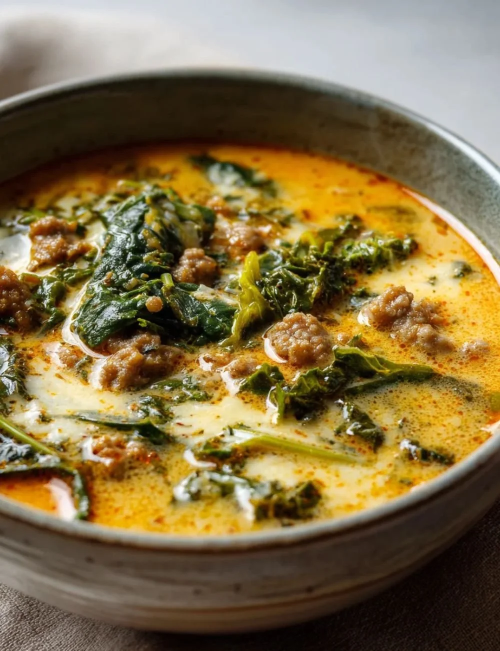 A bowl of hearty keto soup filled with low-carb vegetables and meat.