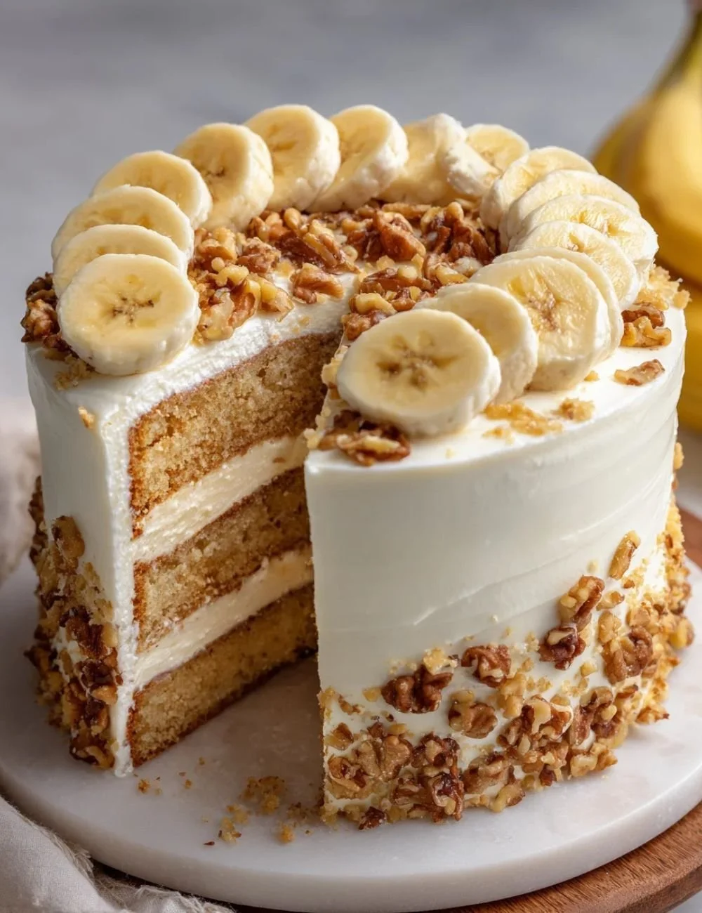 Heavenly Banana Walnut Cream Cake with cream frosting and walnut topping