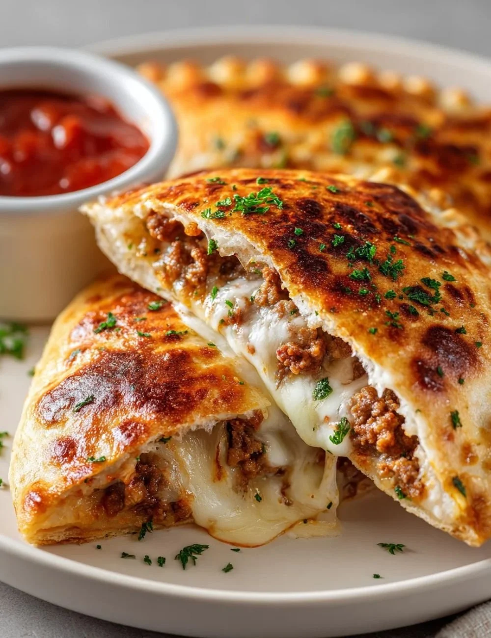 High Protein Keto Calzone with cheese and fillings on a wooden table