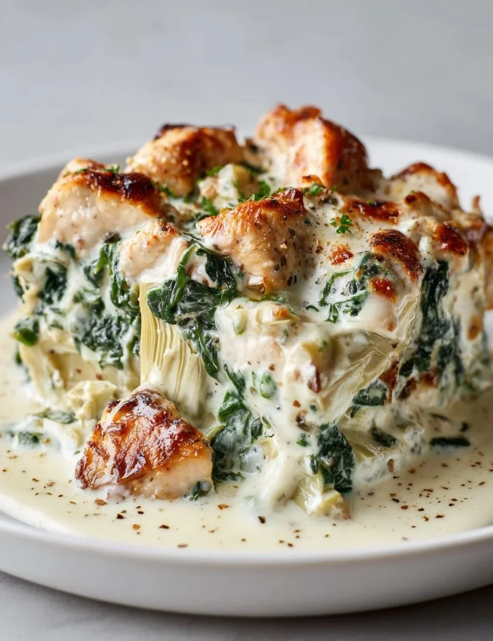 High protein spinach artichoke chicken casserole in a baking dish