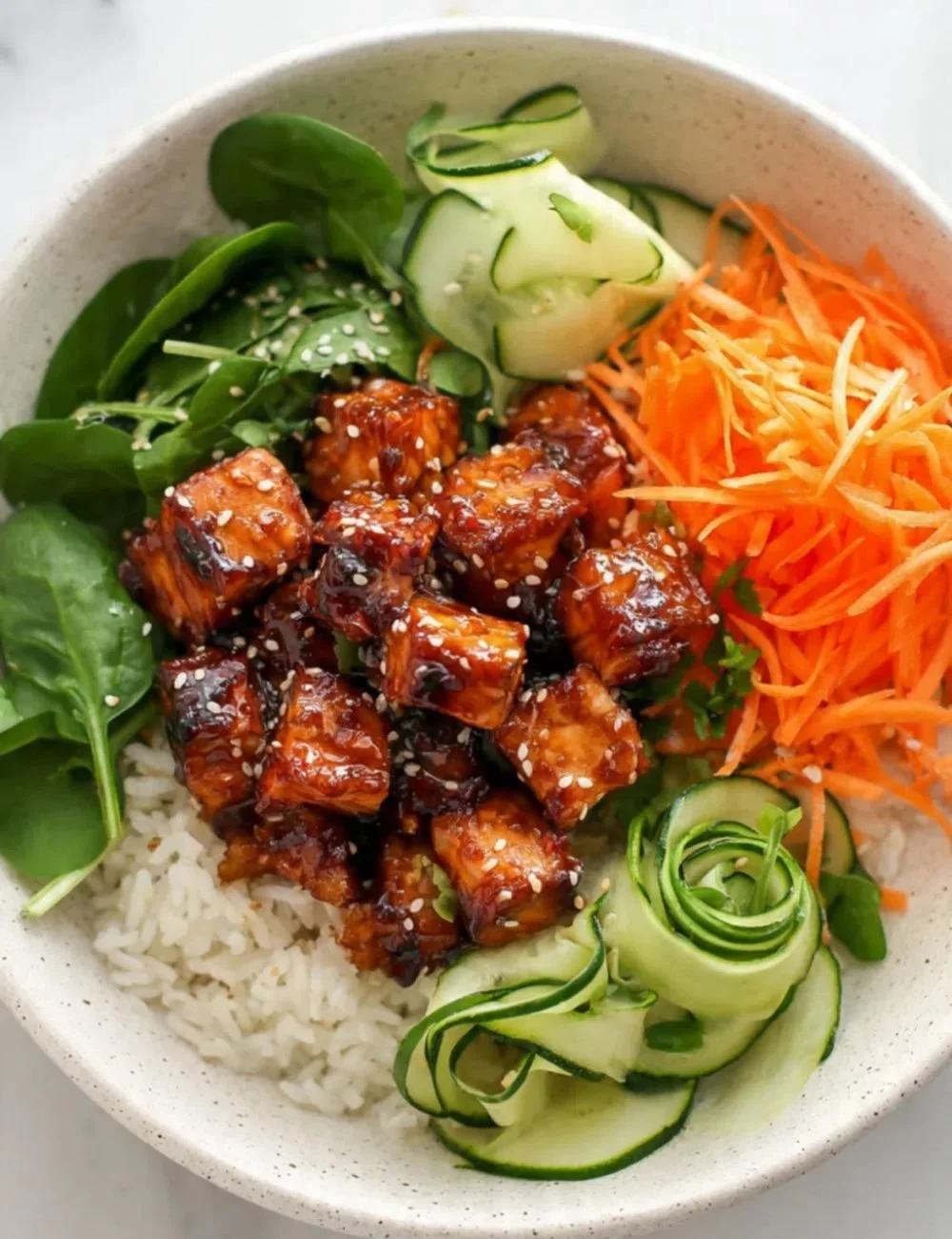 Delicious honey garlic salmon bowl garnished with vegetables