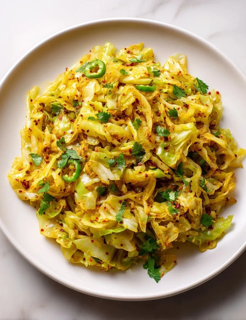 Spiced Indian cabbage dish served in a bowl, showcasing vibrant colors and textures.