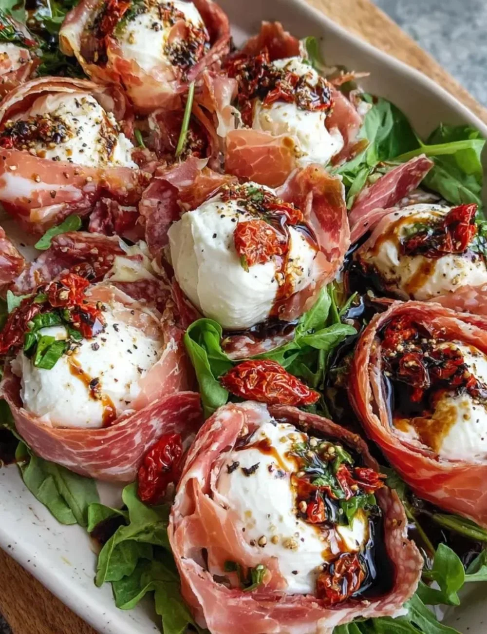 Italian Sushi Prosciutto Burrata dish with fresh ingredients and artful presentation