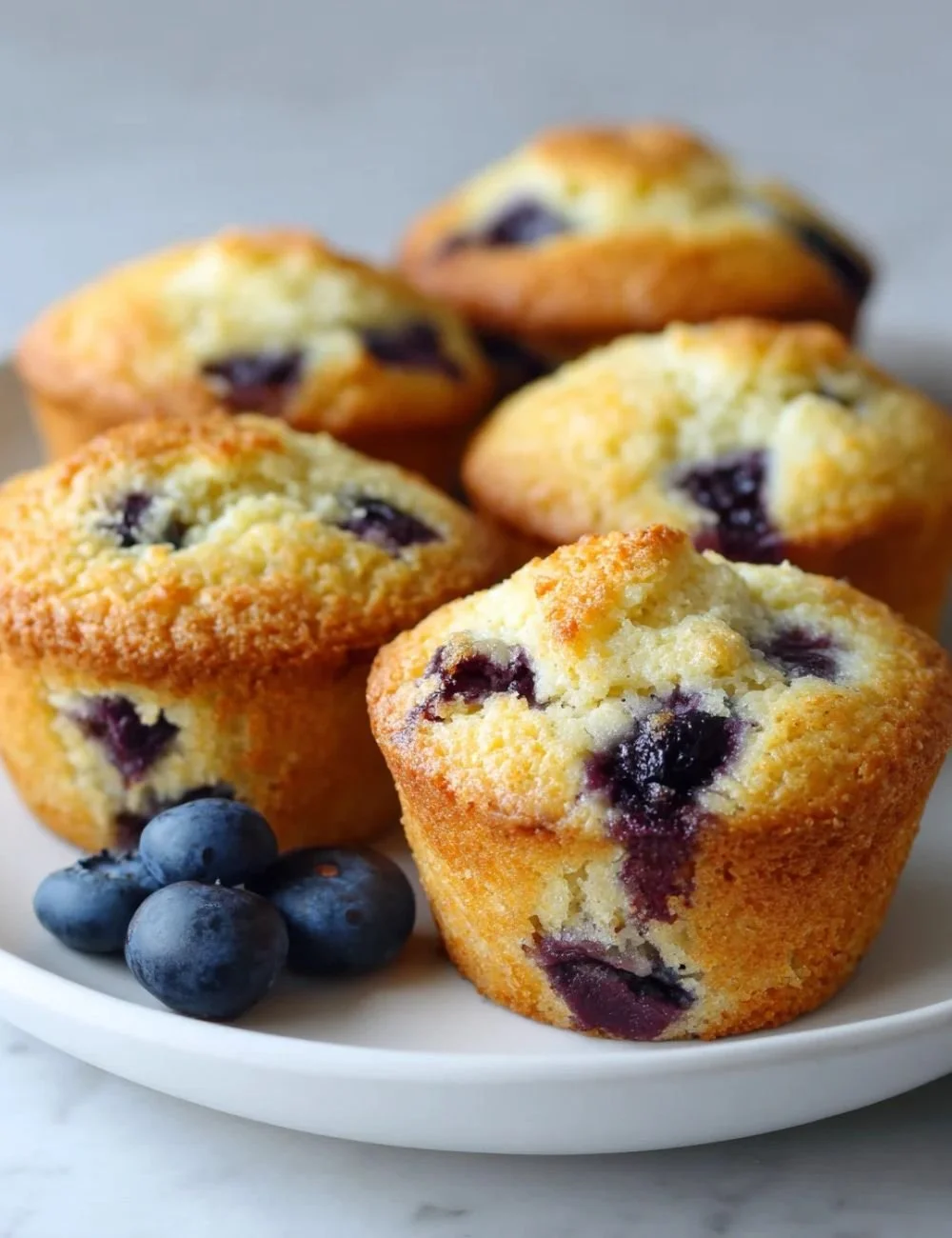 Delicious keto blueberry muffins on a wooden table.
