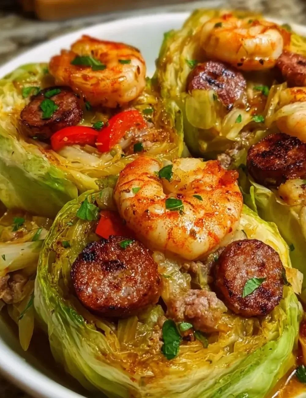 Keto Cajun Shrimp and Sausage Stuffed Cabbage meal ready to serve