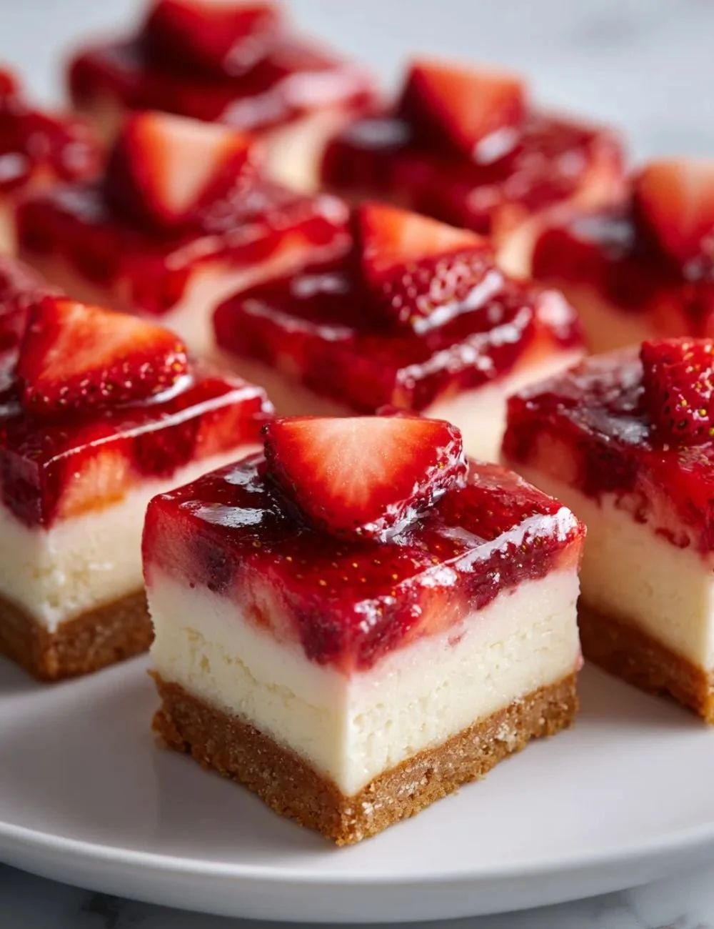 Delicious Keto Strawberry Cheesecake Bars topped with fresh strawberries