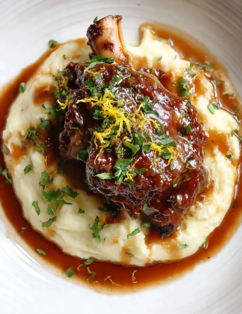 Delicious lamb shanks served with creamy mashed potatoes on a plate.