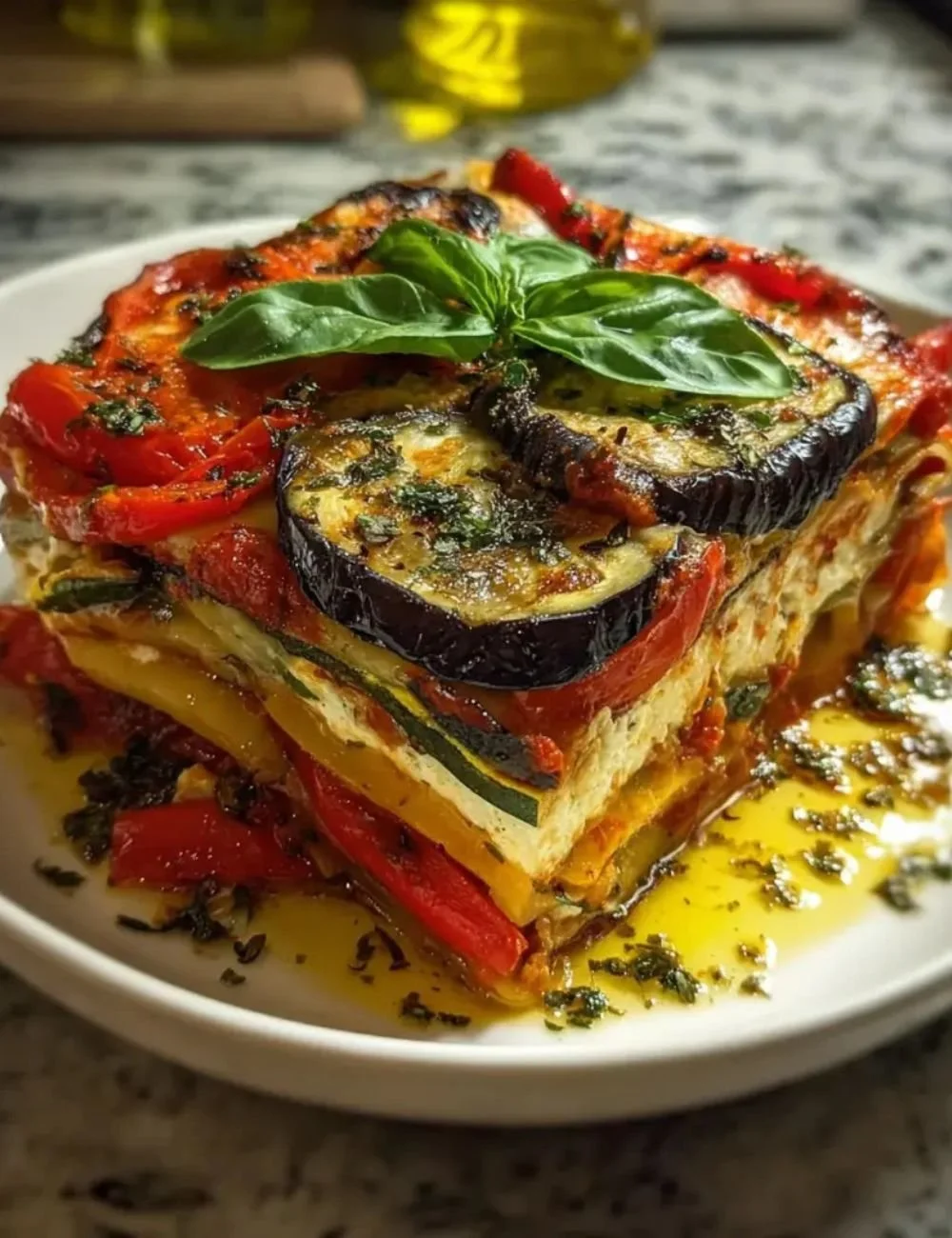 Layered Mediterranean vegetable lasagna with fresh vegetables and cheese