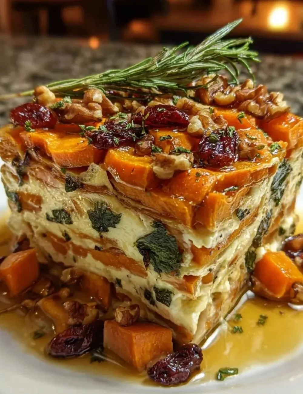 Delicious layered sweet potato lasagna on a plate, garnished with fresh herbs.