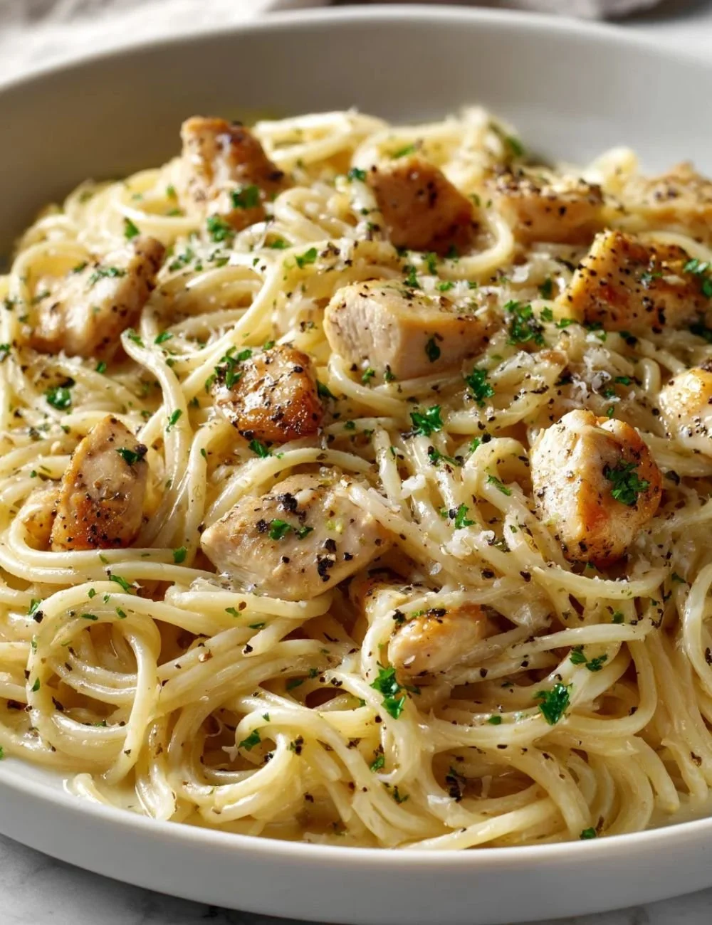 Plate of Lemon Butter Garlic Chicken Pasta with fresh herbs and lemon slices