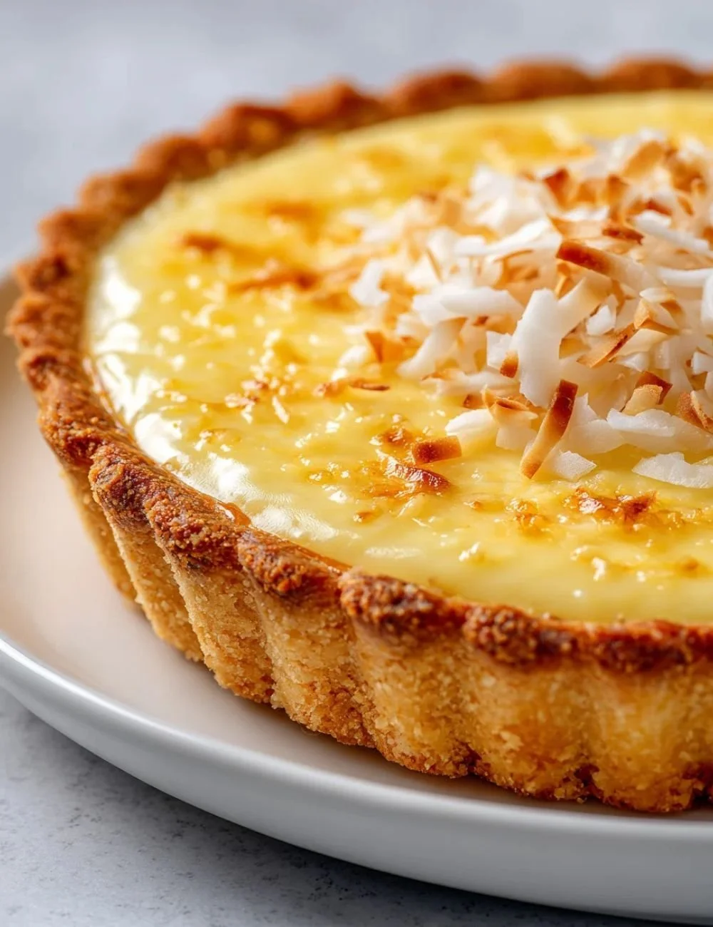Delicious Lemon Coconut Tart with a zesty lemon topping and coconut crust.