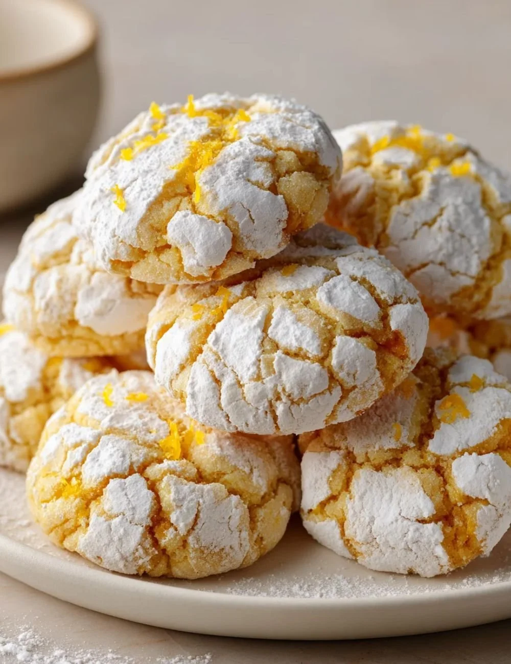 Plate of freshly baked lemon crinkle cookies dusted with powdered sugar.